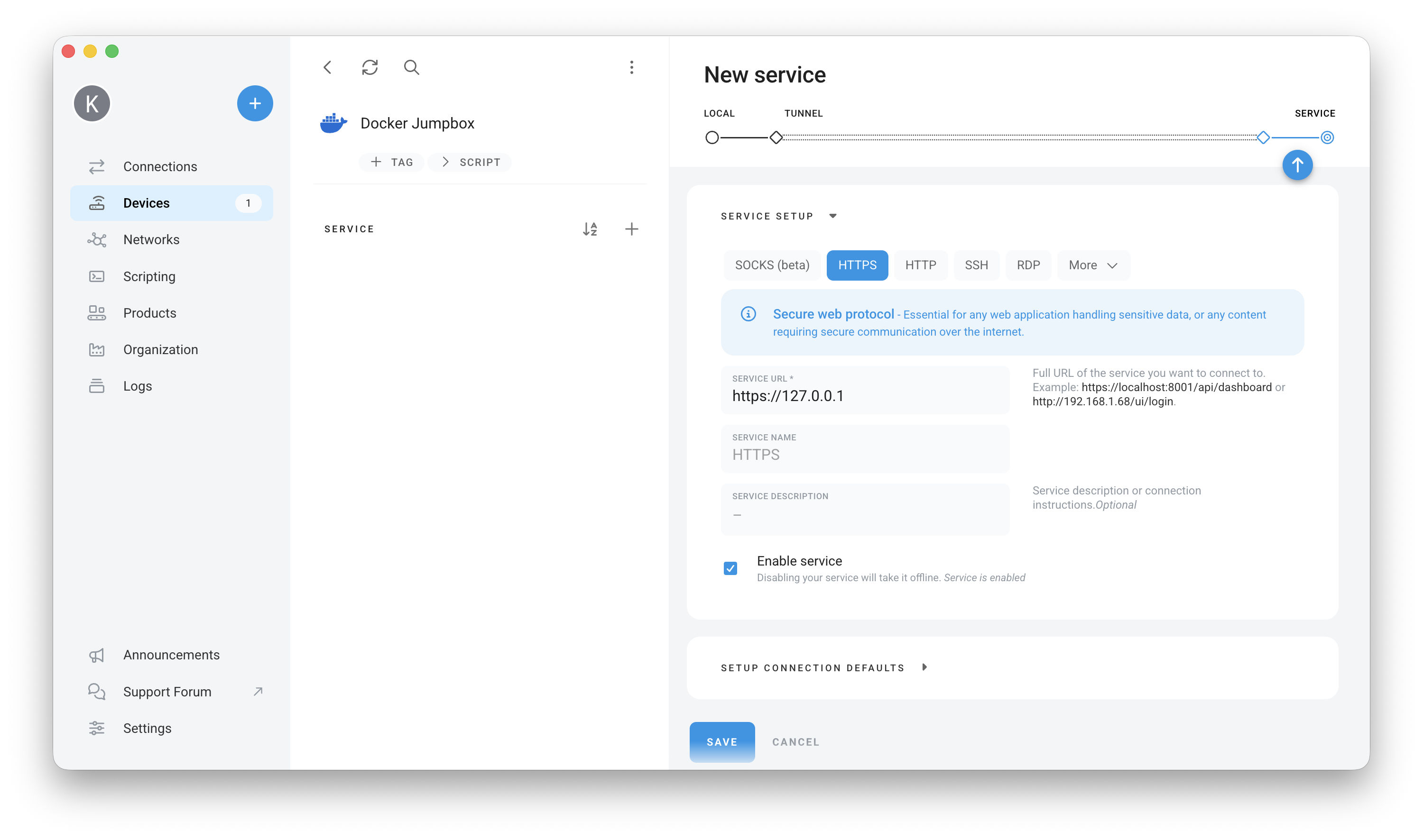 The Remote.It New service form, showing the service type buttons and the Service URL field where the local address goes